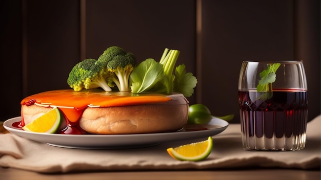 Een glas bier en een bord eten met broccoli erop