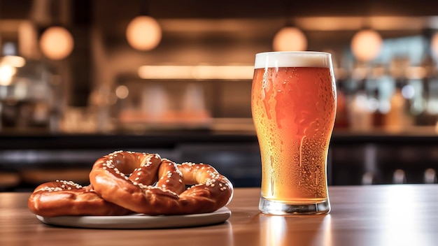 Foto een glas bier en pretzels op een tafel in een pub.