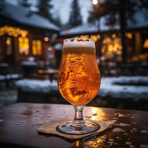 Foto een glas bier in de sneeuw met vuurput achtergrond