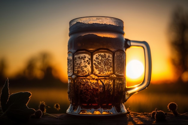 Een glas bier met daarachter de ondergaande zon