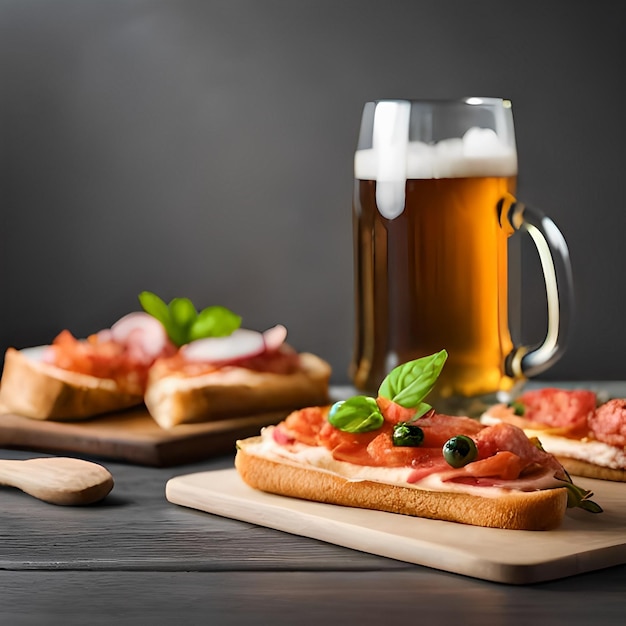 Een glas bier naast een broodje met olijven en tomaten.