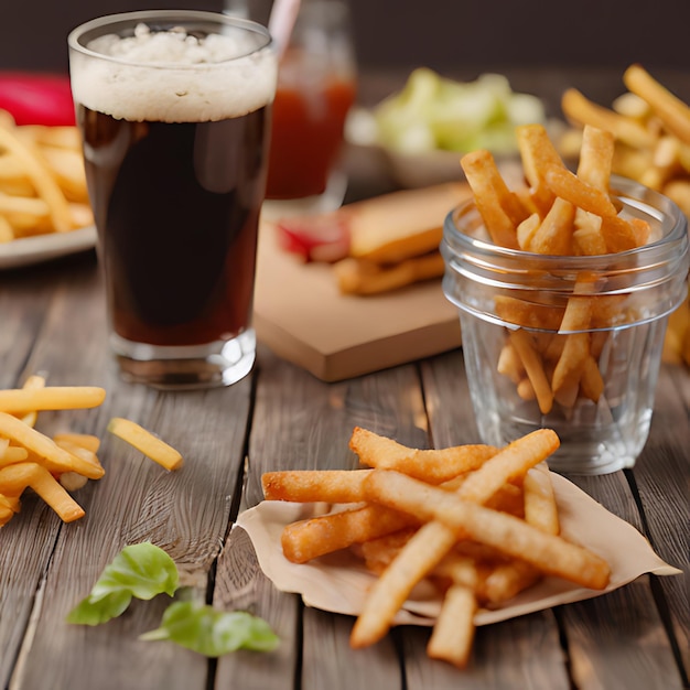 een glas bier naast een paar frietjes en een glas bier