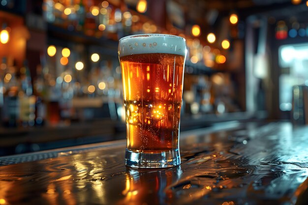 Een glas bier op de bar.