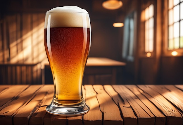 Een glas bier op een houten tafel met een donkere achtergrond.
