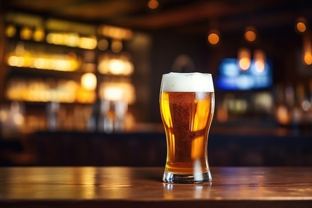 Een glas bier op een houten tafel tegen de achtergrond van een bar