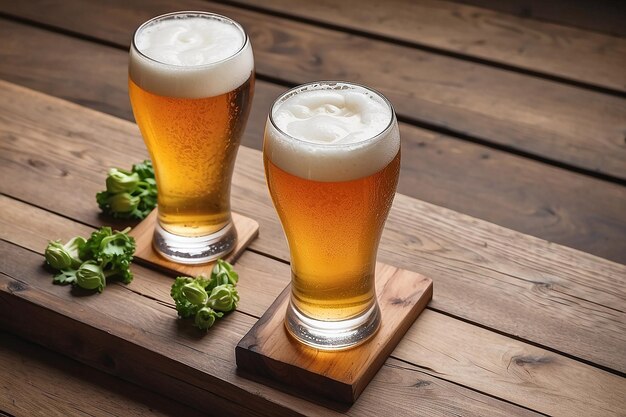 Foto een glas bier op een houten tafel.