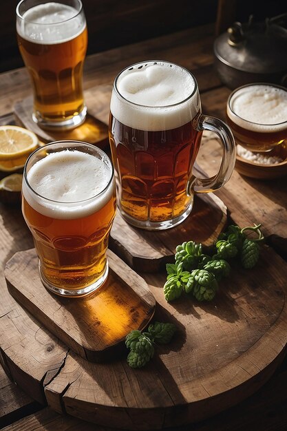 Een glas bier op een houten tafel.