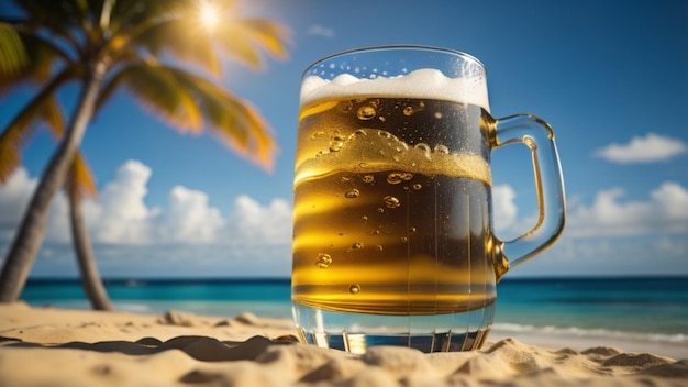 Een glas bier op een strand met een palmboom op de achtergrond.