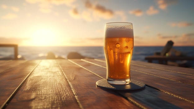 Een glas bier op een tafel bij zonsondergang