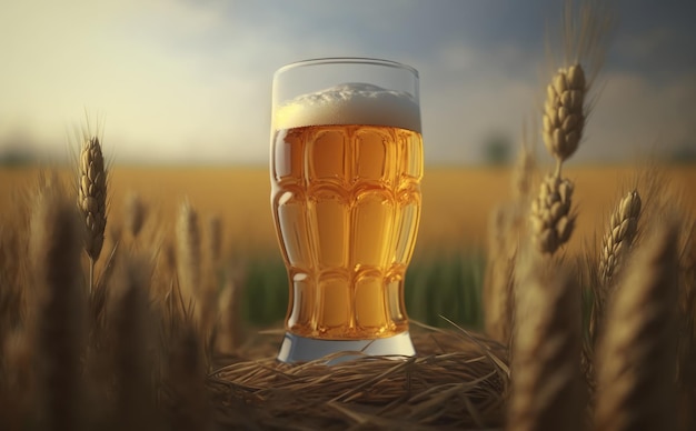 Een glas bier op een tafel in een tarweveld. ai gegenereerd