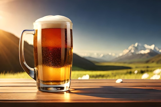 Een glas bier op een tafel met bergen op de achtergrond