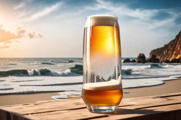 een glas bier op een tafel met de oceaan op de achtergrond