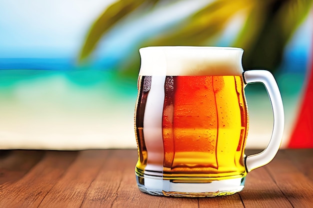 Een glas bier op een tafel met een strand op de achtergrond