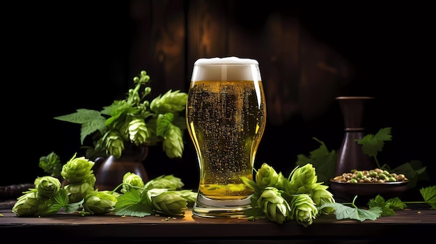 Een glas bier op een tafel omringd door hop op een donkere achtergrond