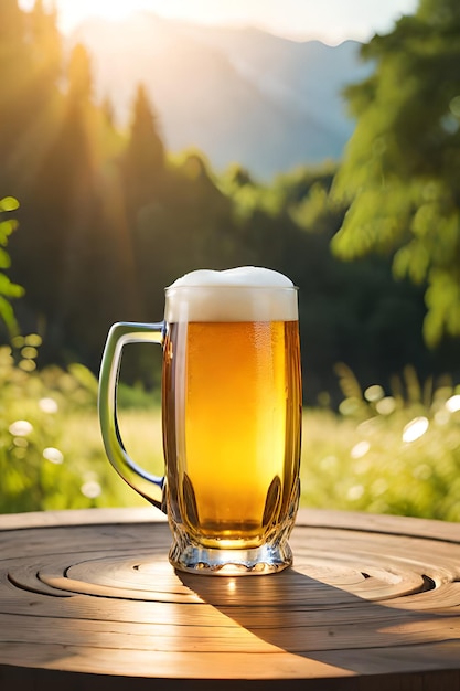 Een glas bier op een tafel voor een veld waar de zon op schijnt.