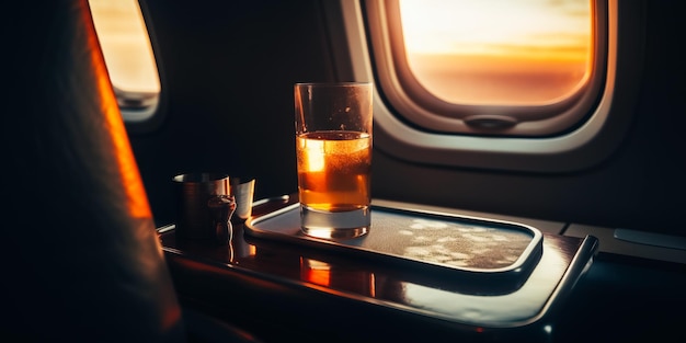 Een glas bier staat op een dienblad in een vliegtuigraam.