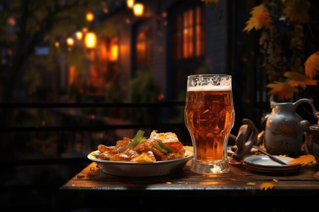 Een glas bier staat op een houten tafel met chips.