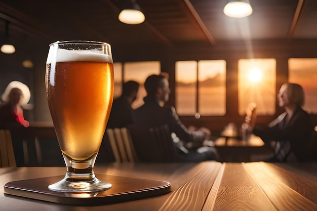 Foto een glas bier staat op een tafel in een bar met mensen op de achtergrond gemaakt met generatieve ai t