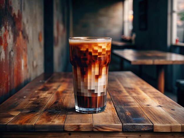 een glas bier zit op een houten tafel