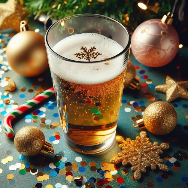 Foto een glas bier zit op een tafel met een kerstboom op de achtergrond