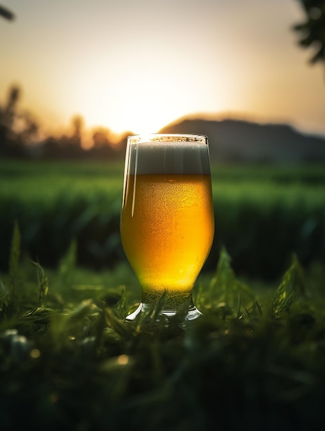 Foto een glas bier zit op het gras voor een zonsondergang.