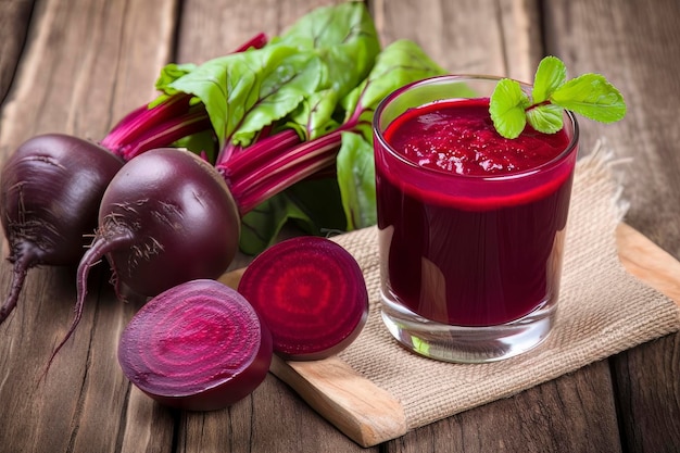 Foto een glas bietensap naast wat bieten