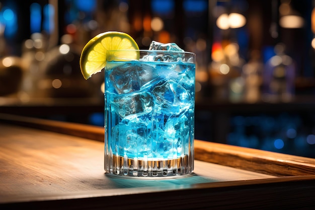 Een glas blauwe vloeistof met een limoen wig erop op een tafel in een bar of restaurant