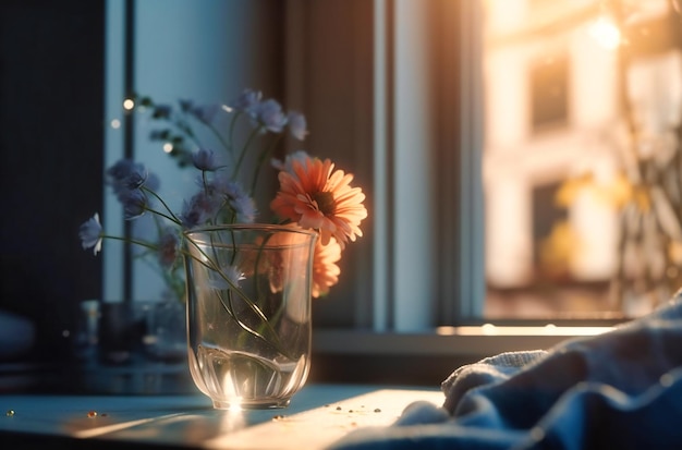 een glas bloemen en een zonlicht op een vensterbank