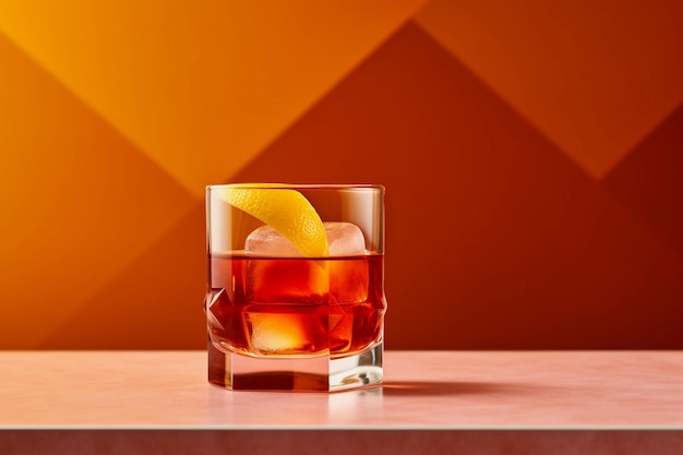 Een glas bourbon Negroni Sbagliato met een schijfje citroen op tafel