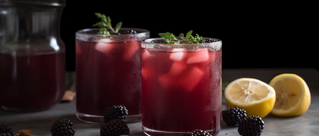 Een glas bramenmargarita's met een zwarte rand en een glas bramenmargarita erbij.