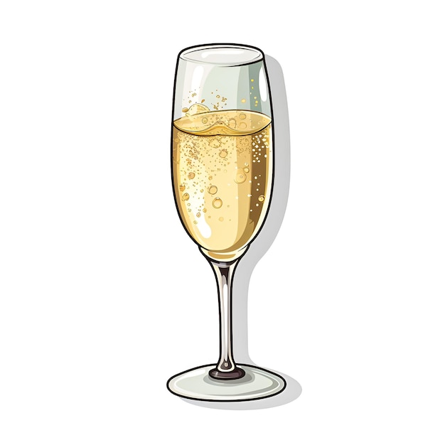 Een glas champagne met een witte achtergrond en een afbeelding van een wijnglas met witte wijn erin.