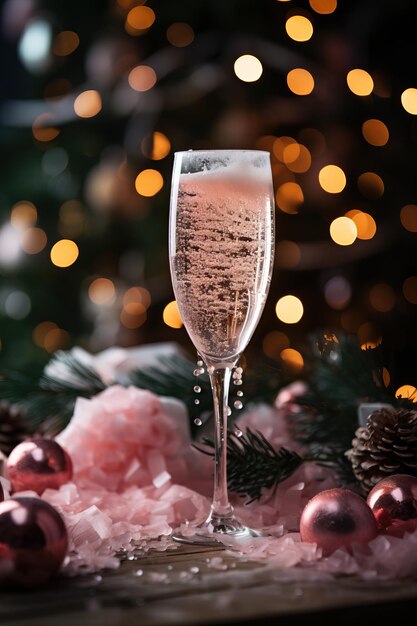 Foto een glas champagne met roze bubbels