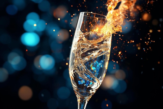 een glas champagne met vuur erop en daarachter vuurwerk.