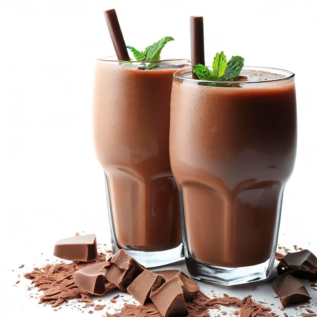 Een glas chocolade smoothies op een witte achtergrond