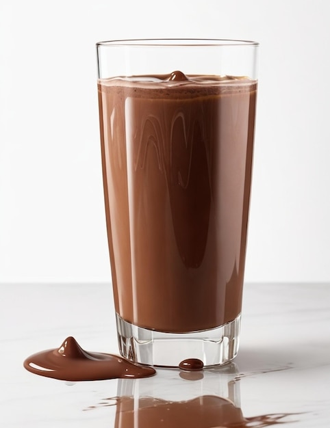 een glas chocolademelk met een chocoladereep op de achtergrond.