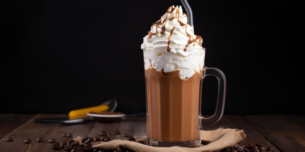 Een glas chocolademilkshake met slagroom en chocoladeschilfers erop.