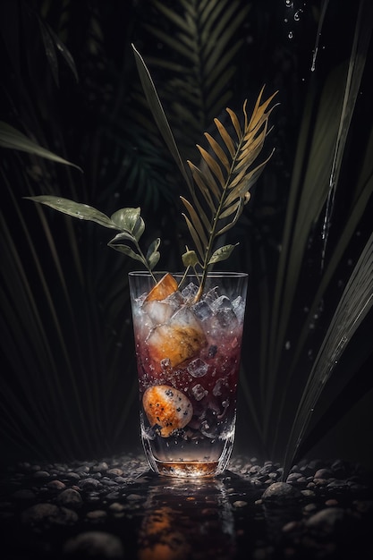 Een glas cocktail met een lommerrijke plant op de achtergrond