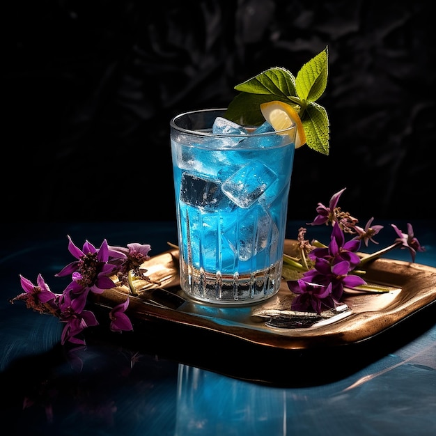 een glas cocktail met ijsblokjes