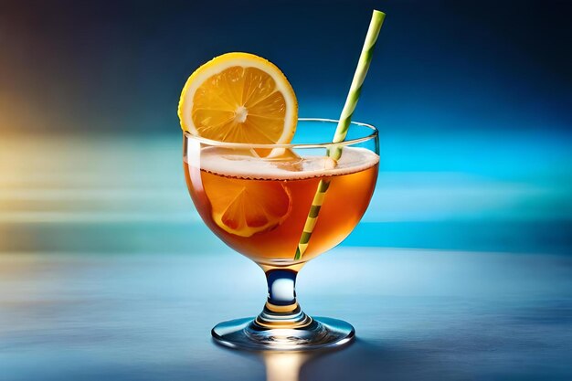 Foto een glas cocktail met sinaasappel en een rietje erin.
