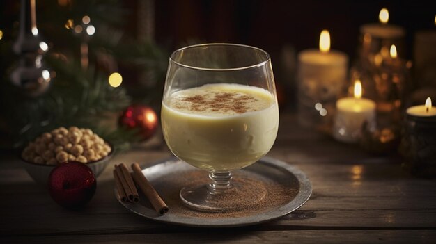 Een glas eierpunch staat op een tafel naast een kom kaneelstokjes.