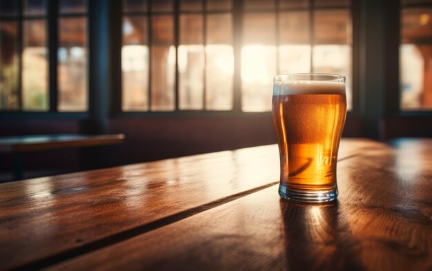 Een glas fris en koud bier over een mooie houten tafel aan de bar met zonlicht uit het raam.