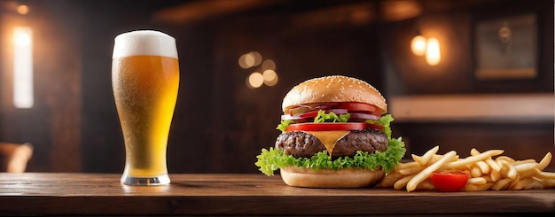 Foto een glas fris koud licht bier met gourmet hamburger in een bar en een donkere pub banner conept