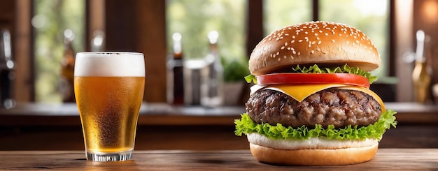 Een glas fris koud licht bier met gourmet hamburger in een bar en een donkere pub Banner conept