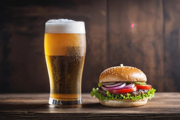 Foto een glas fris koud licht bier met gourmet hamburger in een bar en een donkere pub banner conept