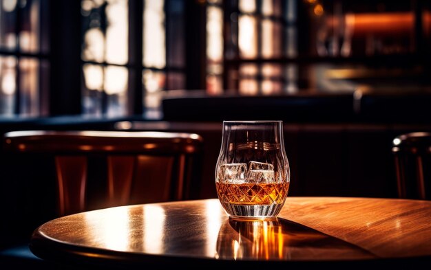 Een glas frisse whiskey over een mooie houten tafel aan de bar met zonlicht uit het raam.