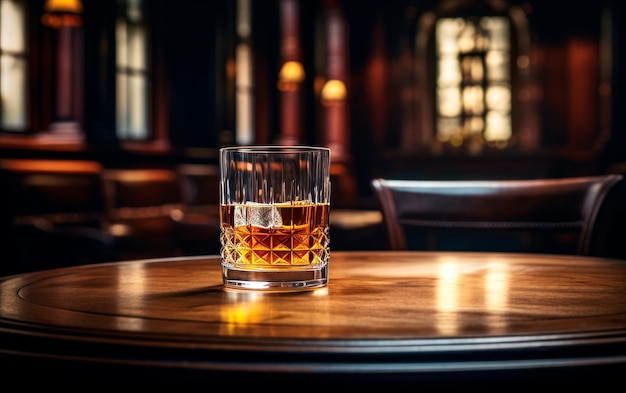 Een glas frisse whiskey over een mooie houten tafel aan de bar met zonlicht uit het raam.