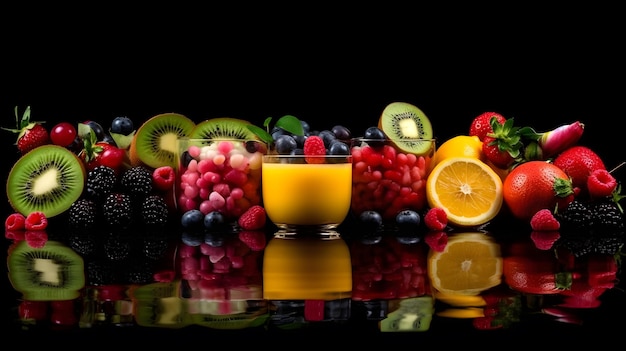 Een glas fruit naast een kopje sap