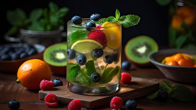 Een glas fruitcocktail met een drankje op een houten bord