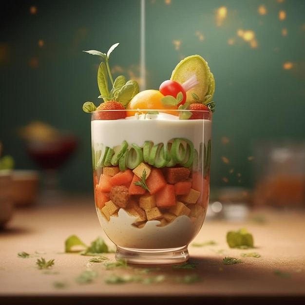 Een glas fruitsalade met een groene achtergrond