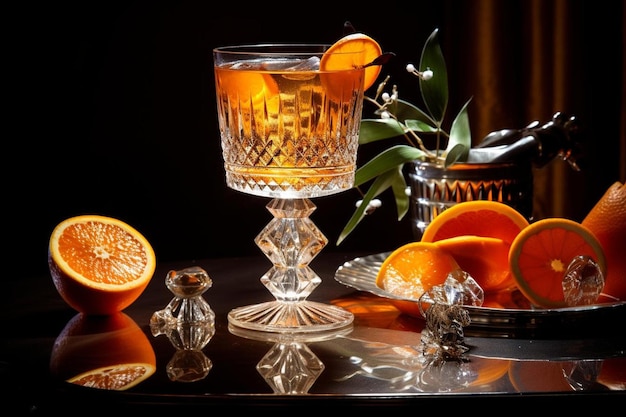 een glas gevuld met sinaasappels bovenop een tafel